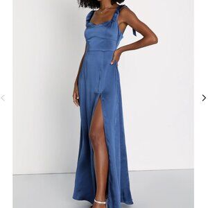 NWT LULUS Effortless Sophistication Navy Blue Satin Tie-Strap Maxi Dress